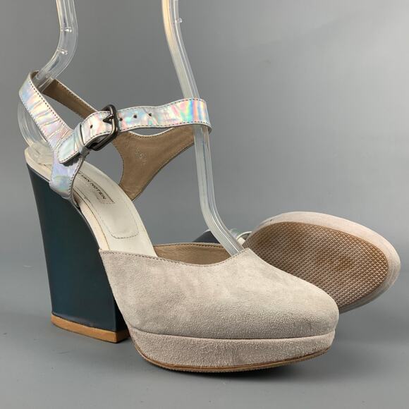 DRIES VAN NOTEN Size 5.5 Iridescent Grey Suede Platform Pumps - Picture 3 of 8